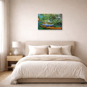 Gallery-wrapped canvas print of Vincent van Gogh's Bank of the Oise at Auvers displayed on a wall in a bedroom