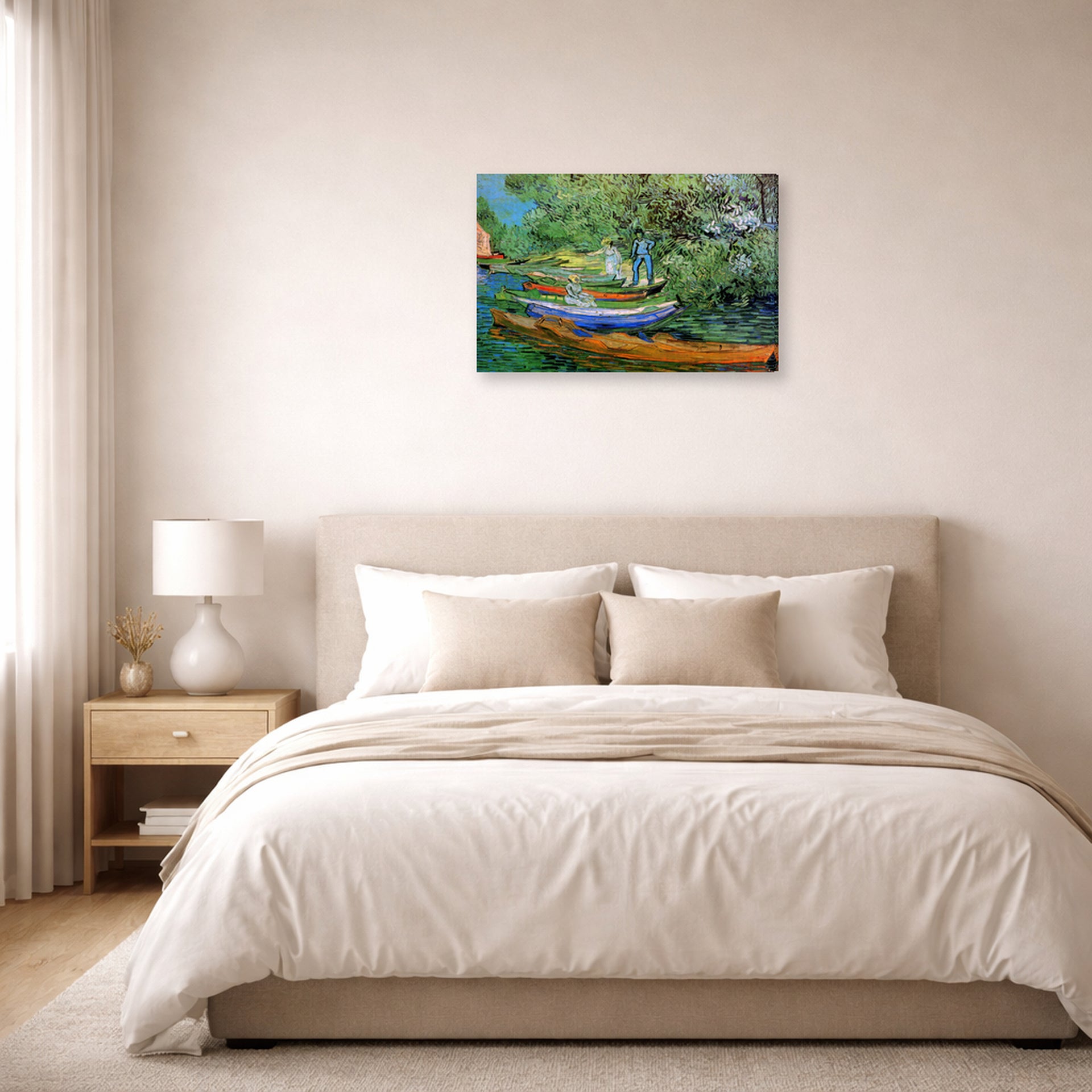 Gallery-wrapped canvas print of Vincent van Gogh's Bank of the Oise at Auvers displayed on a wall in a bedroom