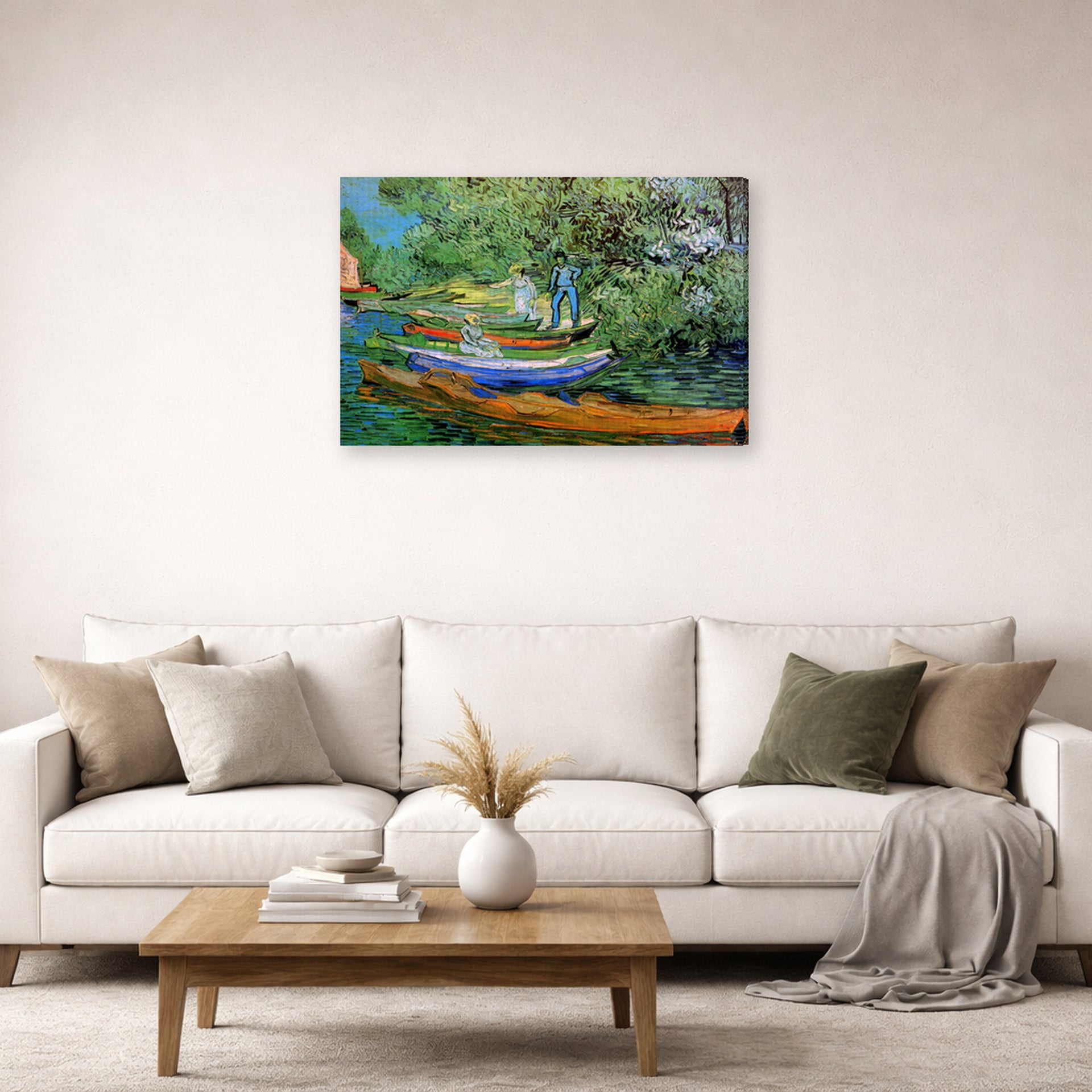 Gallery-wrapped canvas print of Vincent van Gogh's Bank of the Oise at Auvers displayed on a wall in a living room