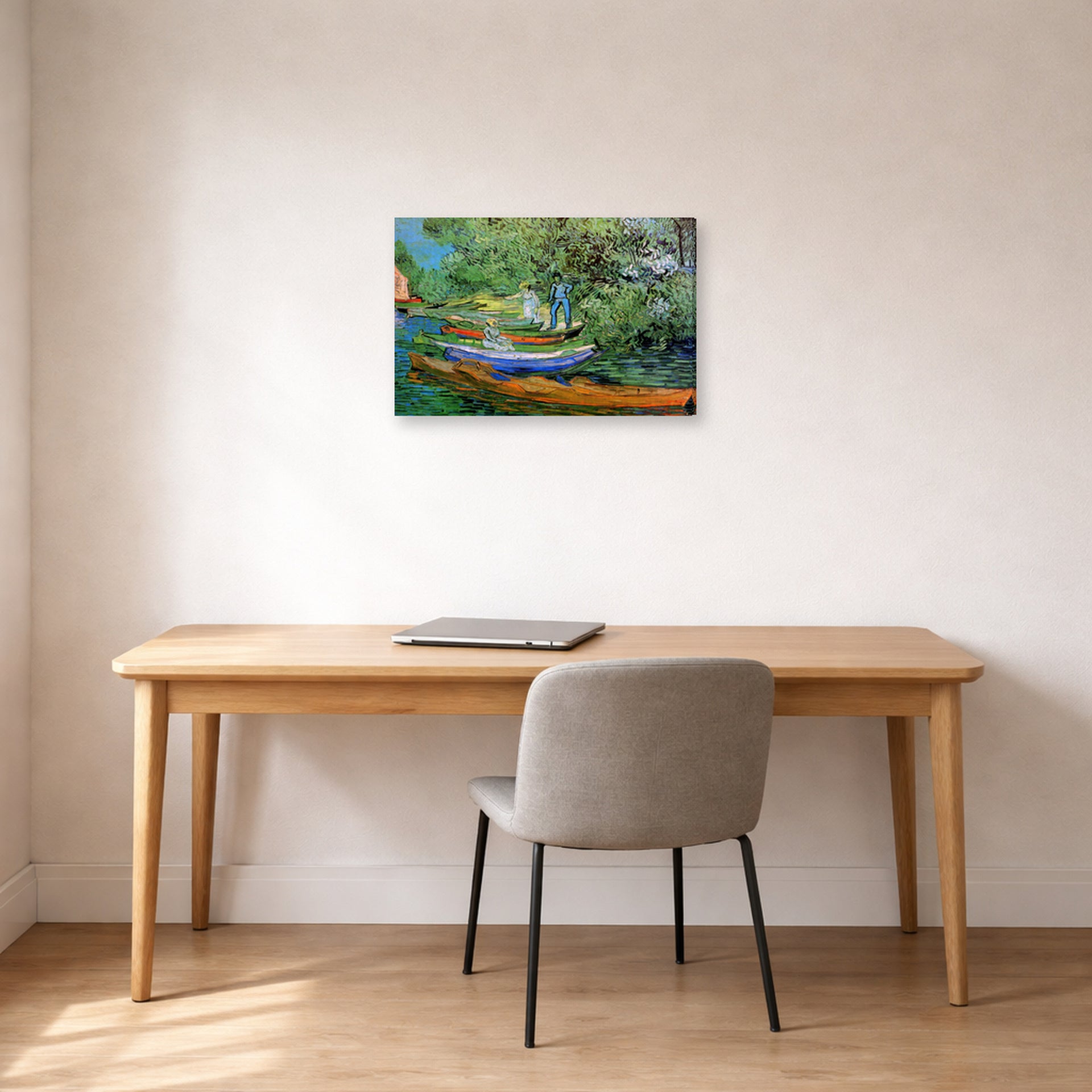 Gallery-wrapped canvas print of Vincent van Gogh's Bank of the Oise at Auvers displayed on a wall in a home office