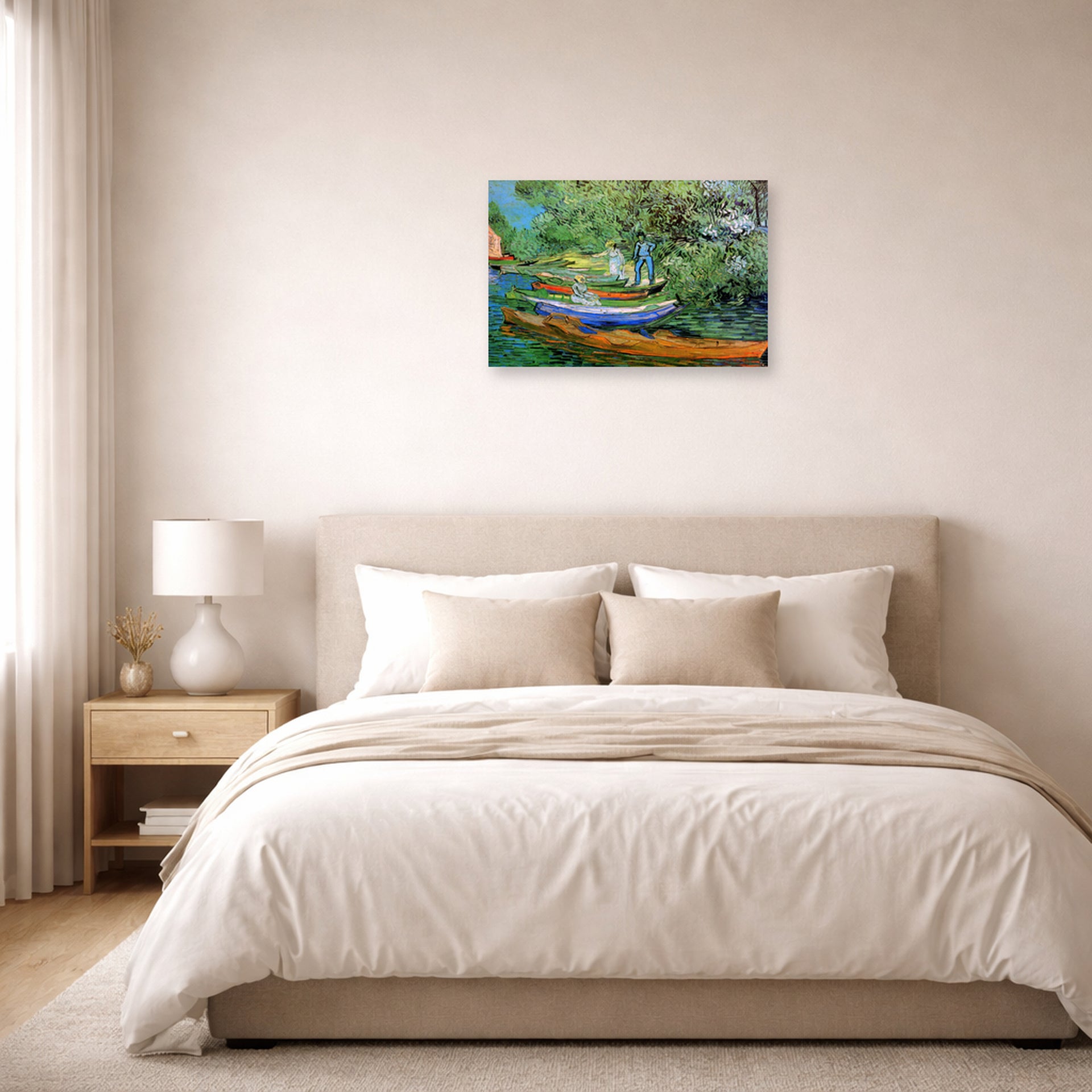 Unframed poster print of Vincent van Gogh's Bank of the Oise at Auvers displayed on a wall in a bedroom