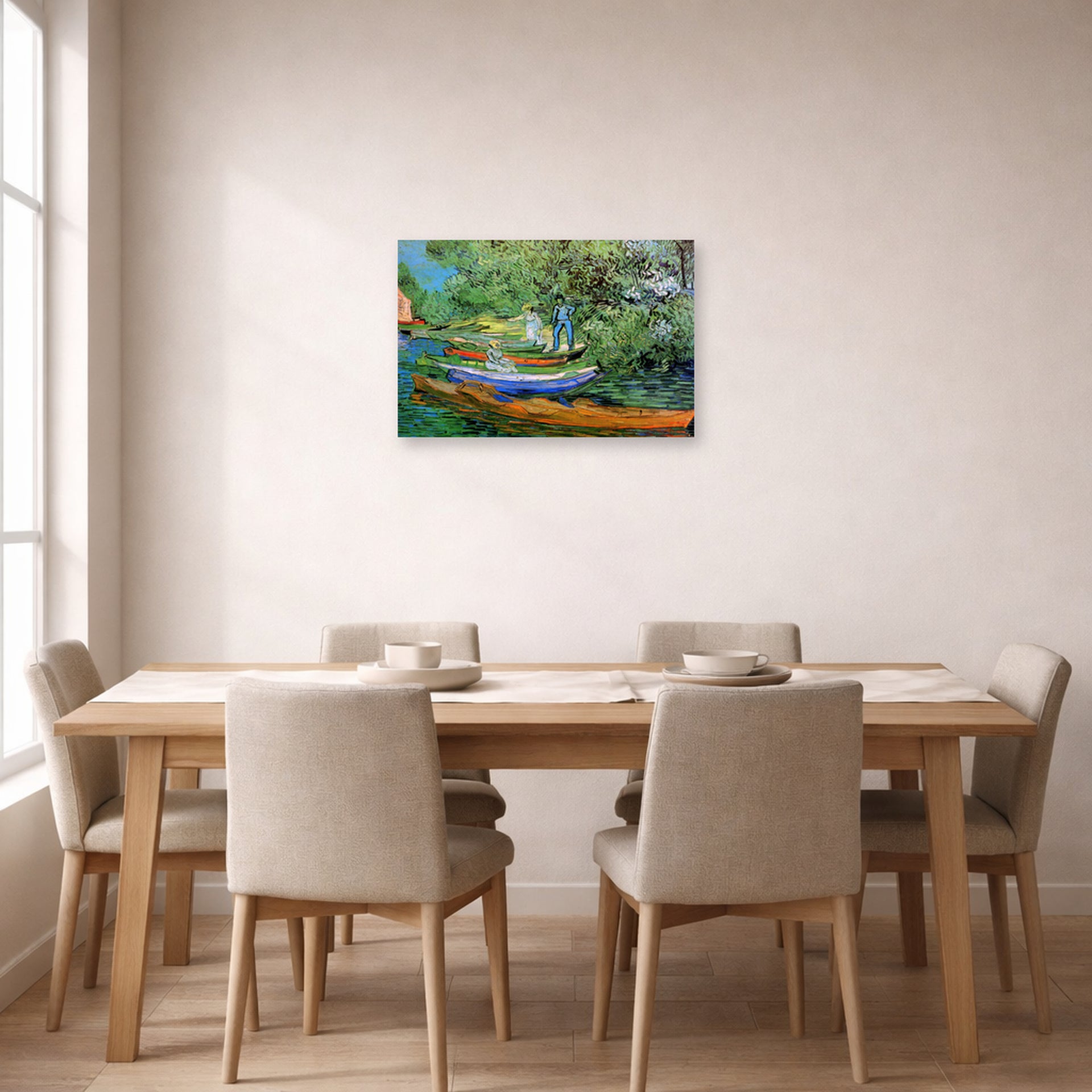 Unframed poster print of Vincent van Gogh's Bank of the Oise at Auvers displayed on a wall in a dining room