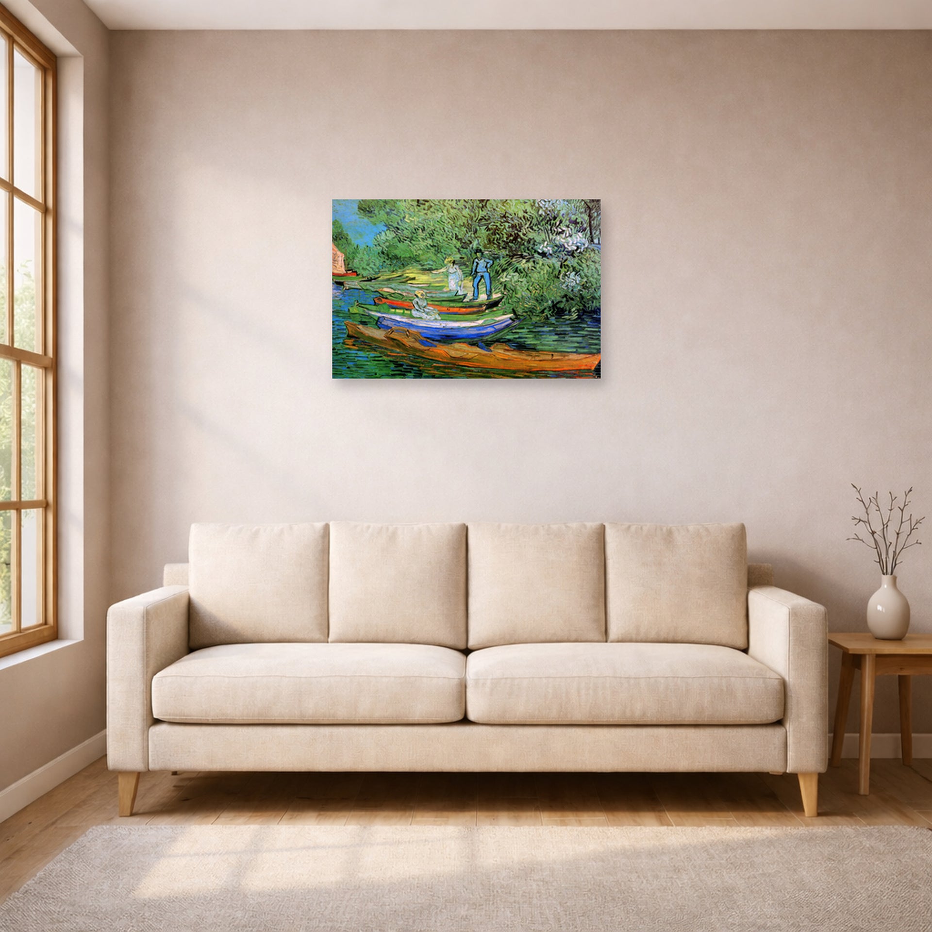 Unframed poster print of Vincent van Gogh's Bank of the Oise at Auvers displayed on a wall in a living room
