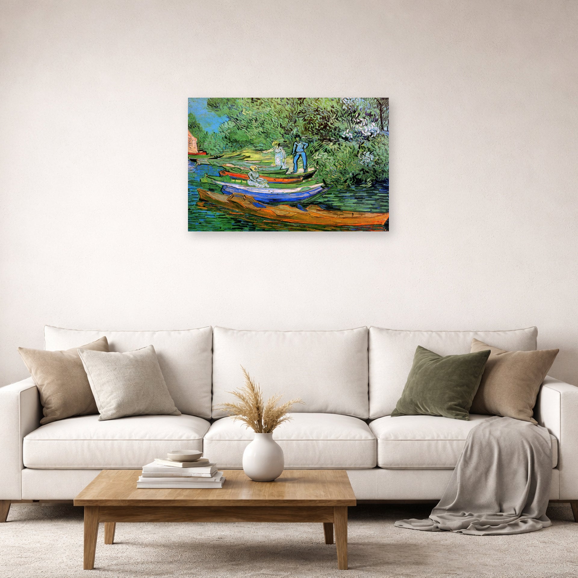 Unframed poster print of Vincent van Gogh's Bank of the Oise at Auvers displayed on a wall in a living room