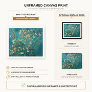 Vincent van Gogh - Blossoming Almond Tree canvas print size comparison and framing display infographic