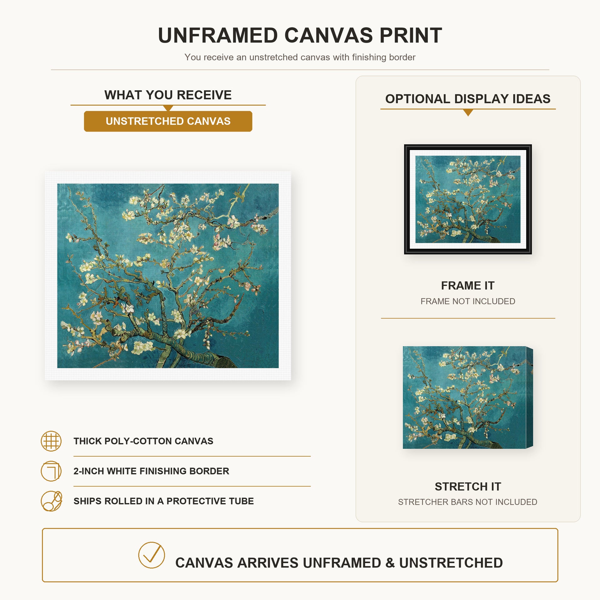 Vincent van Gogh - Blossoming Almond Tree canvas print size comparison and framing display infographic