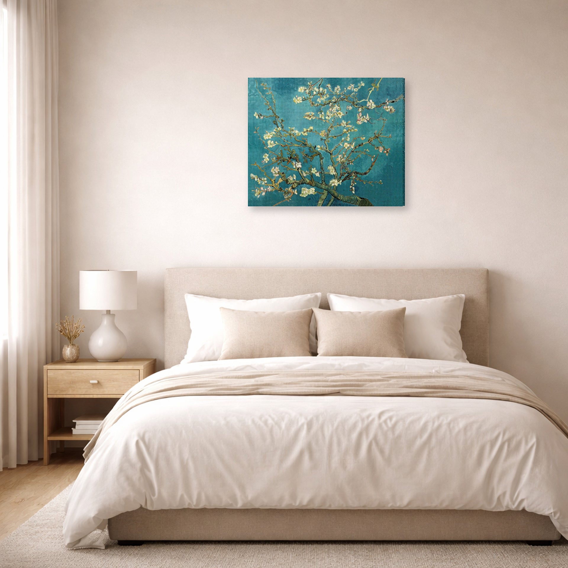 Gallery-wrapped canvas print of Vincent van Gogh's Blossoming Almond Tree displayed on a wall in a bedroom