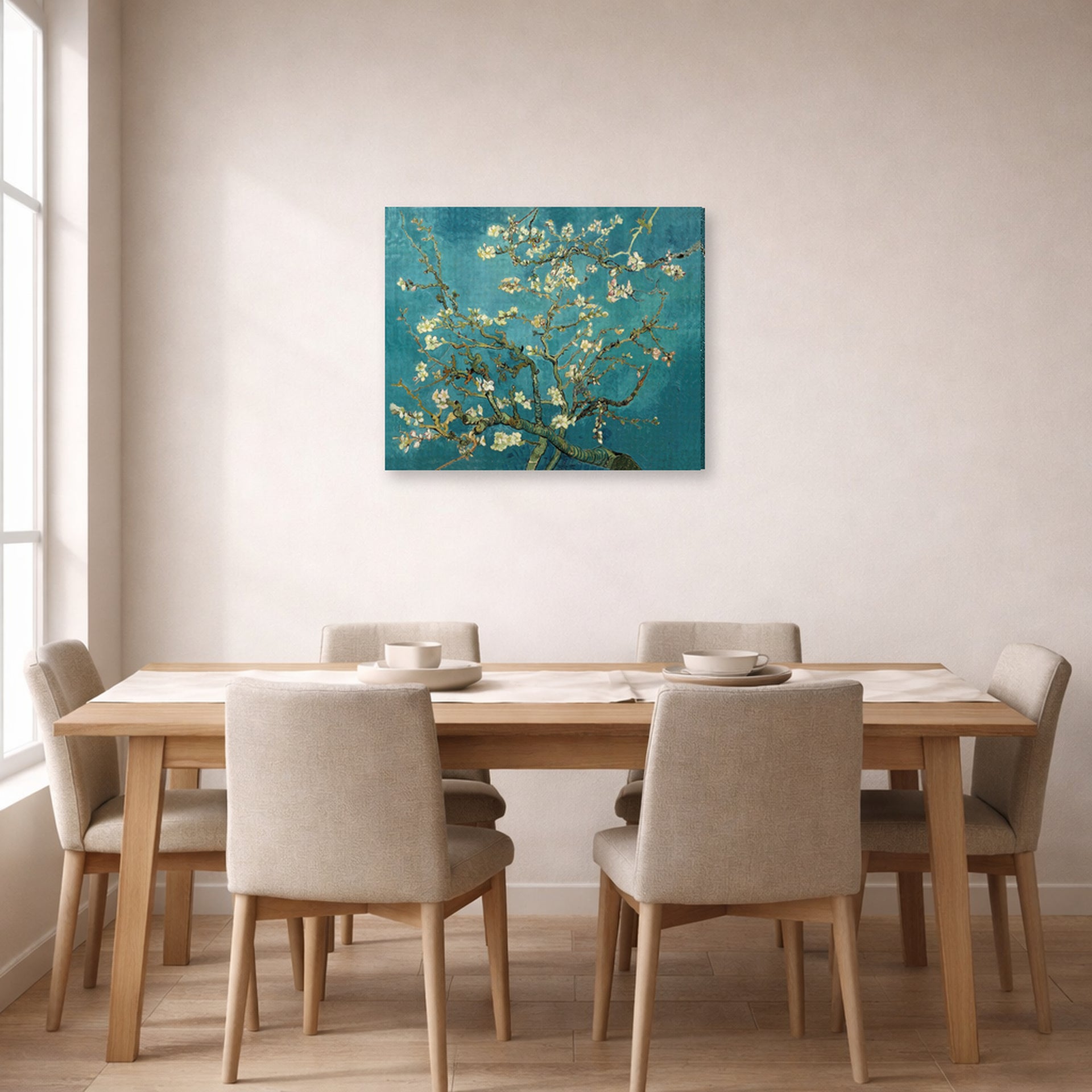 Gallery-wrapped canvas print of Vincent van Gogh's Blossoming Almond Tree displayed on a wall in a dining room