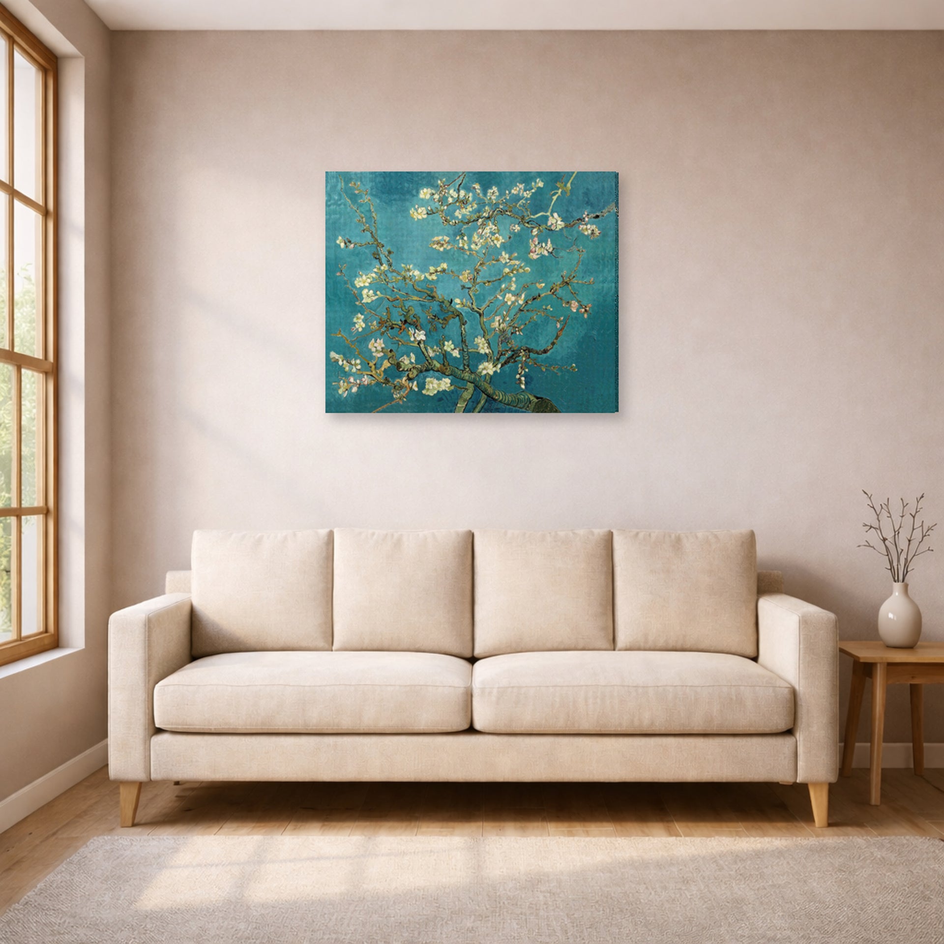 Gallery-wrapped canvas print of Vincent van Gogh's Blossoming Almond Tree displayed on a wall in a living room