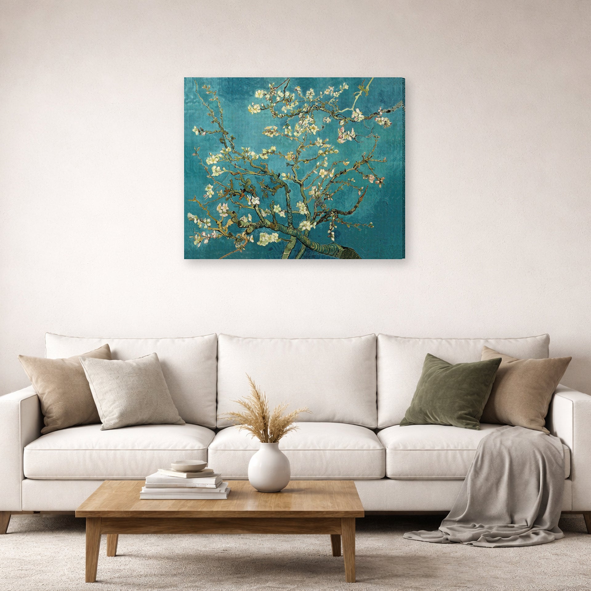 Gallery-wrapped canvas print of Vincent van Gogh's Blossoming Almond Tree displayed on a wall in a living room
