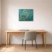 Gallery-wrapped canvas print of Vincent van Gogh's Blossoming Almond Tree displayed on a wall in a home office