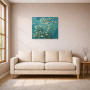 Unframed poster print of Vincent van Gogh's Blossoming Almond Tree displayed on a wall in a living room