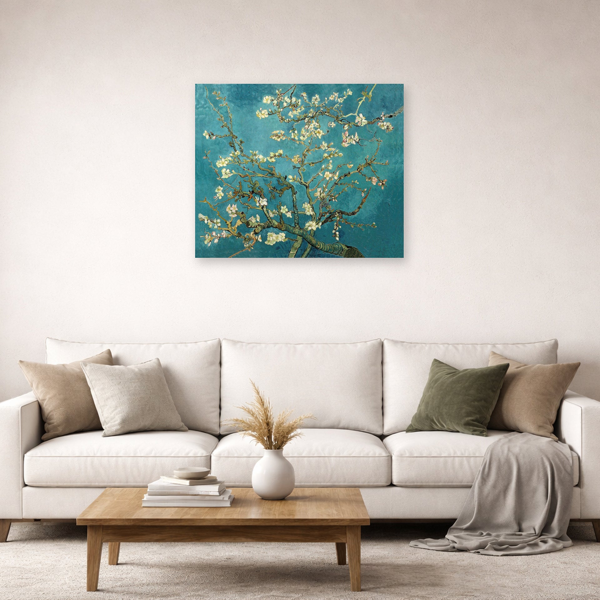 Unframed poster print of Vincent van Gogh's Blossoming Almond Tree displayed on a wall in a living room