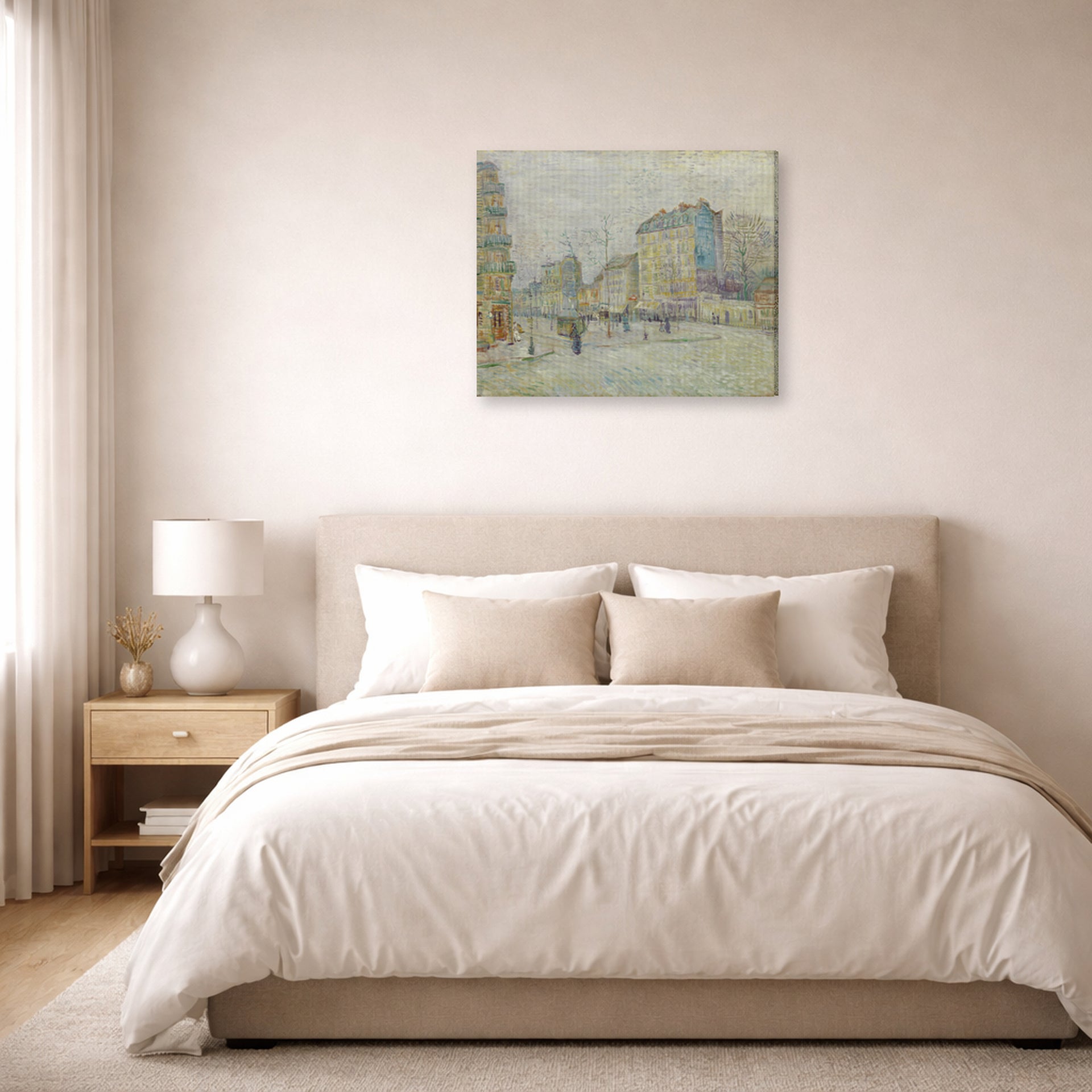 Gallery-wrapped canvas print of Vincent van Gogh's Boulevard De Clichy displayed on a wall in a bedroom