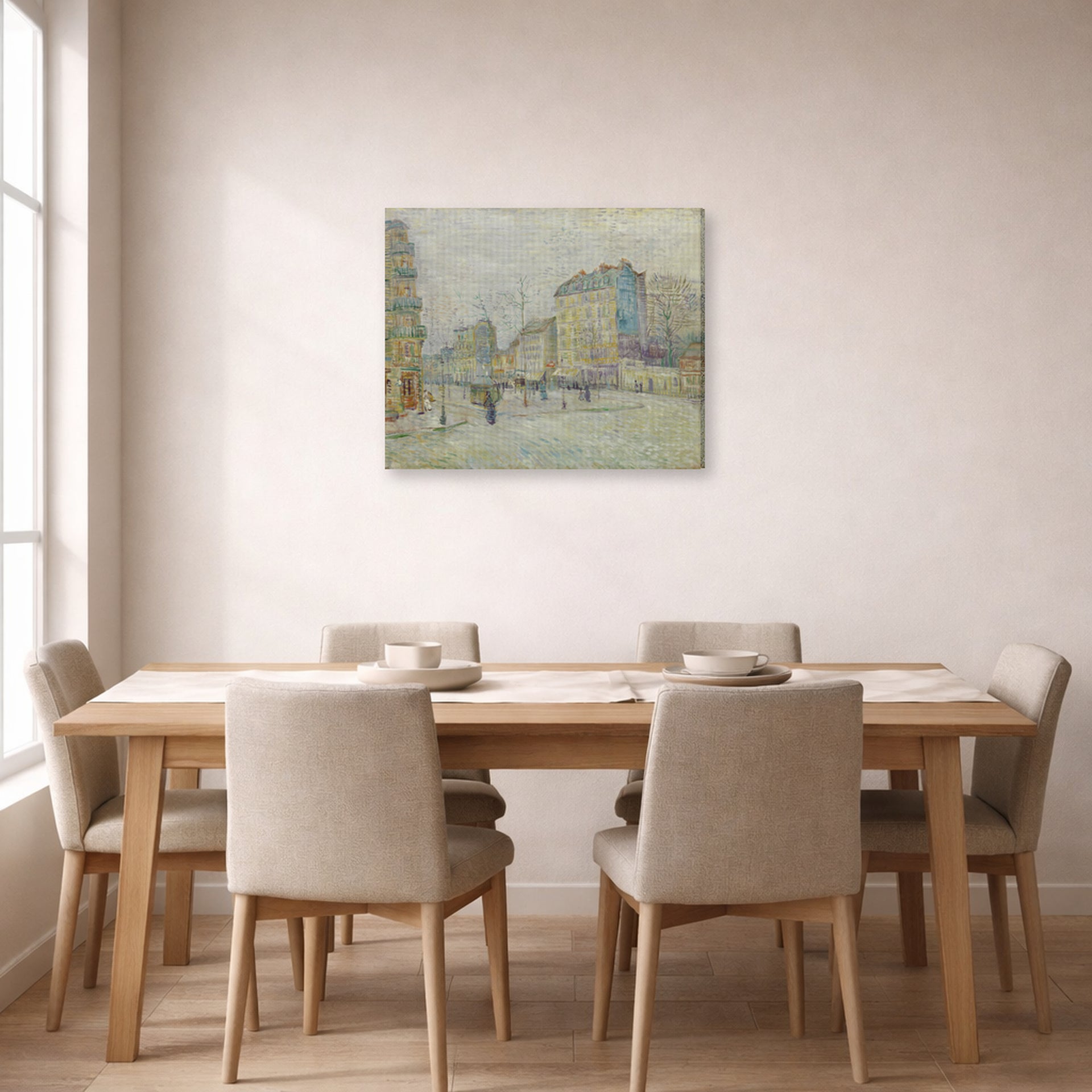 Gallery-wrapped canvas print of Vincent van Gogh's Boulevard De Clichy displayed on a wall in a dining room