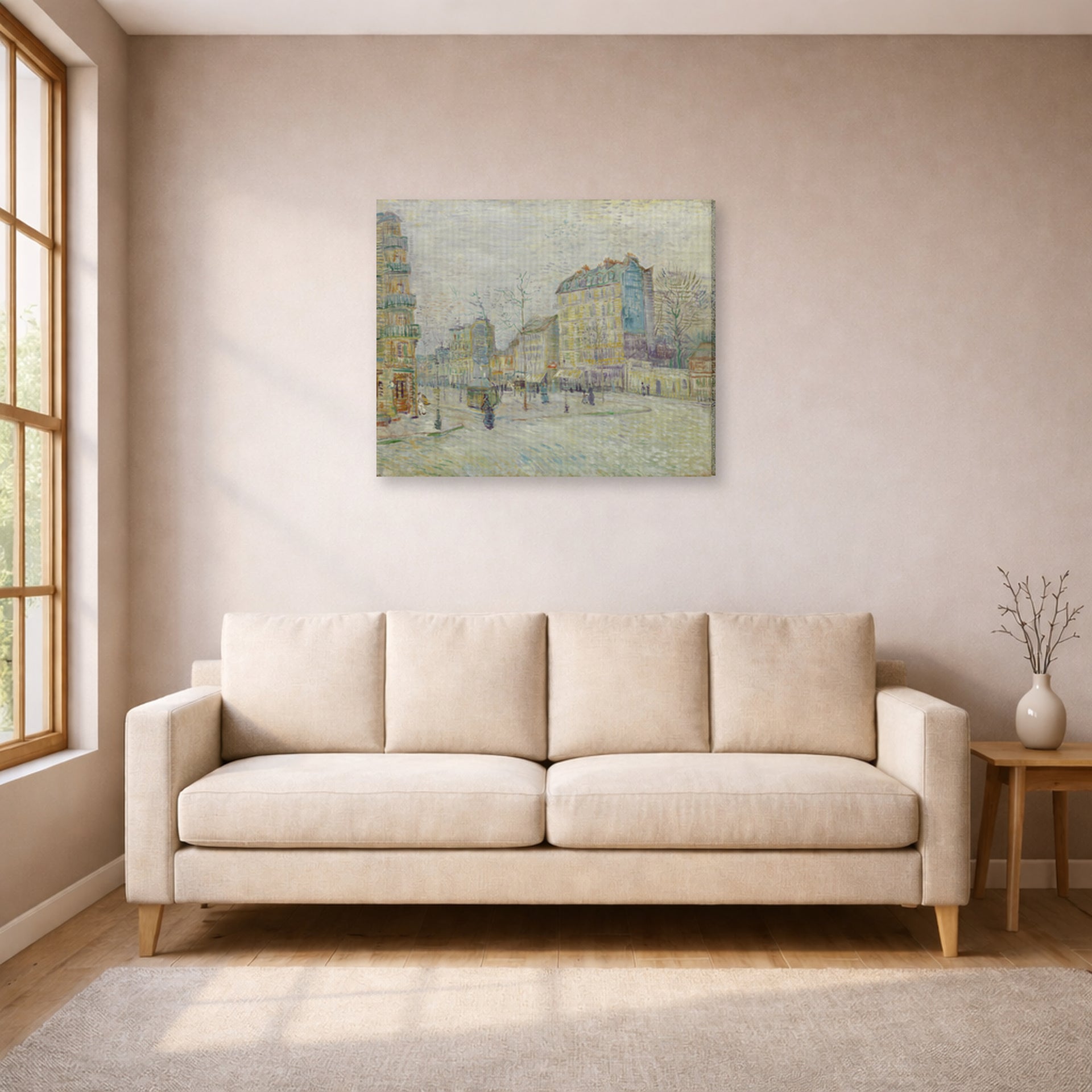 Gallery-wrapped canvas print of Vincent van Gogh's Boulevard De Clichy displayed on a wall in a living room