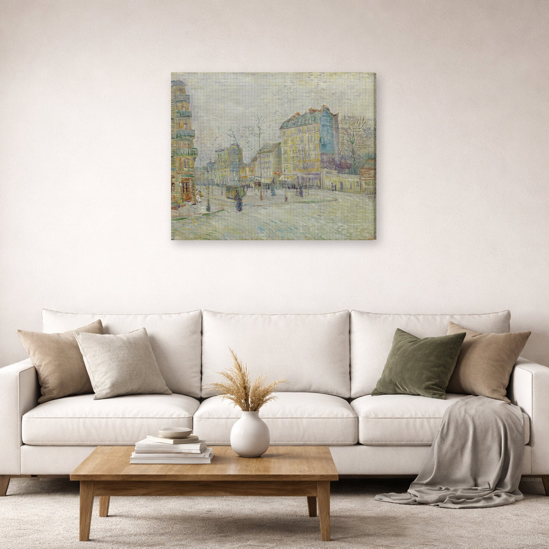 Gallery-wrapped canvas print of Vincent van Gogh's Boulevard De Clichy displayed on a wall in a living room