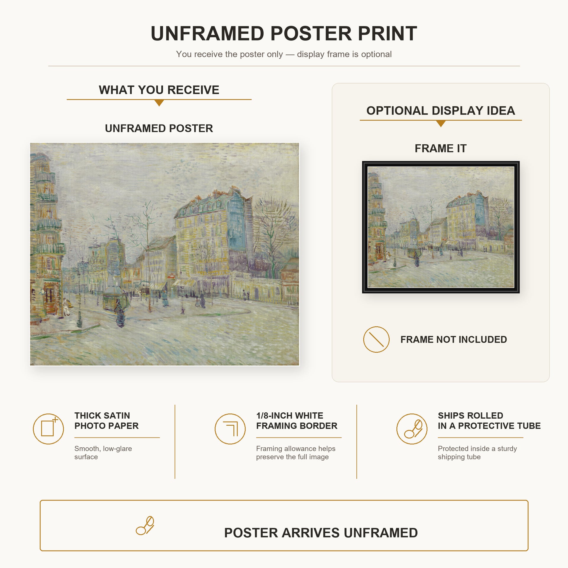 Vincent van Gogh - Boulevard De Clichy poster print size comparison and framing display infographic