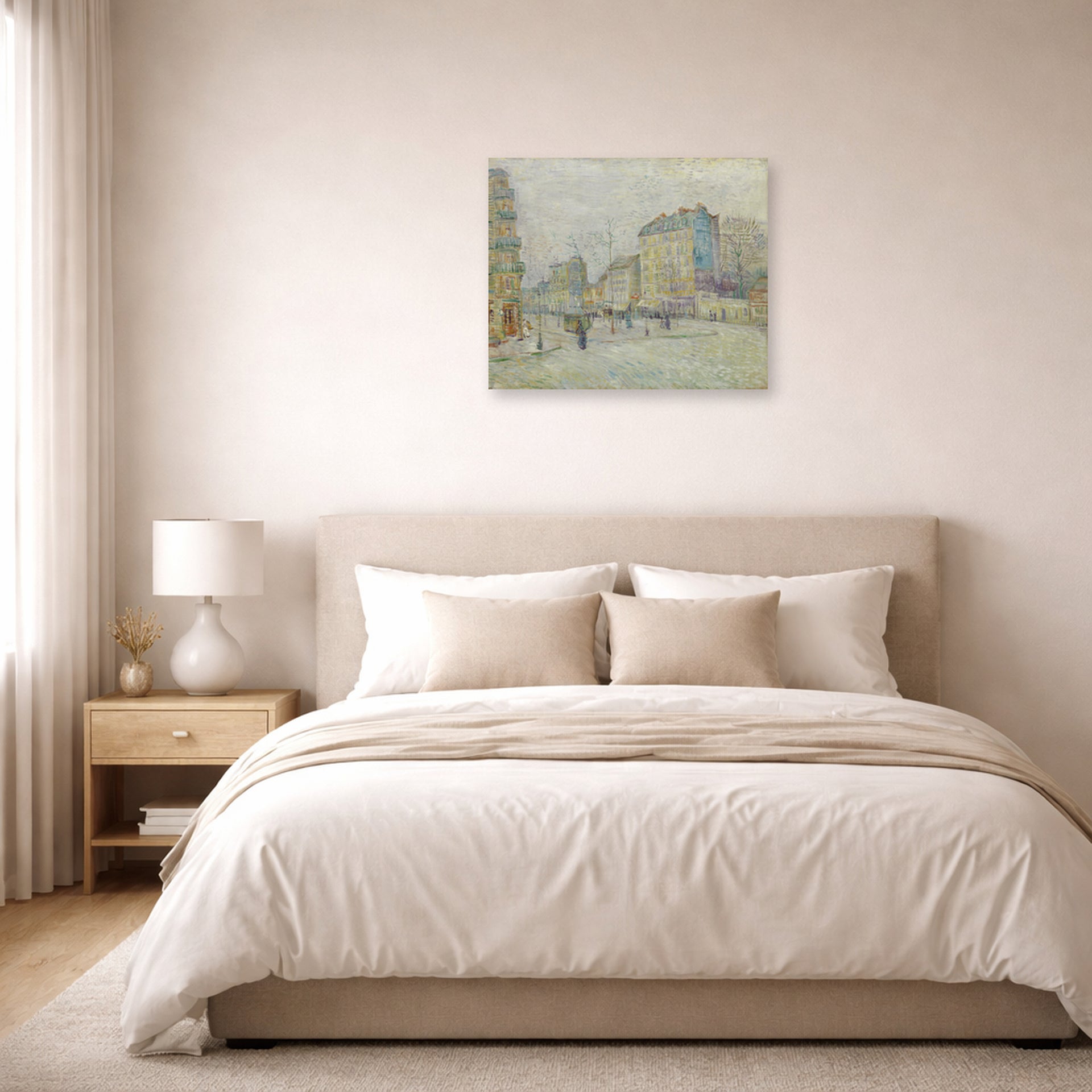 Unframed poster print of Vincent van Gogh's Boulevard De Clichy displayed on a wall in a bedroom