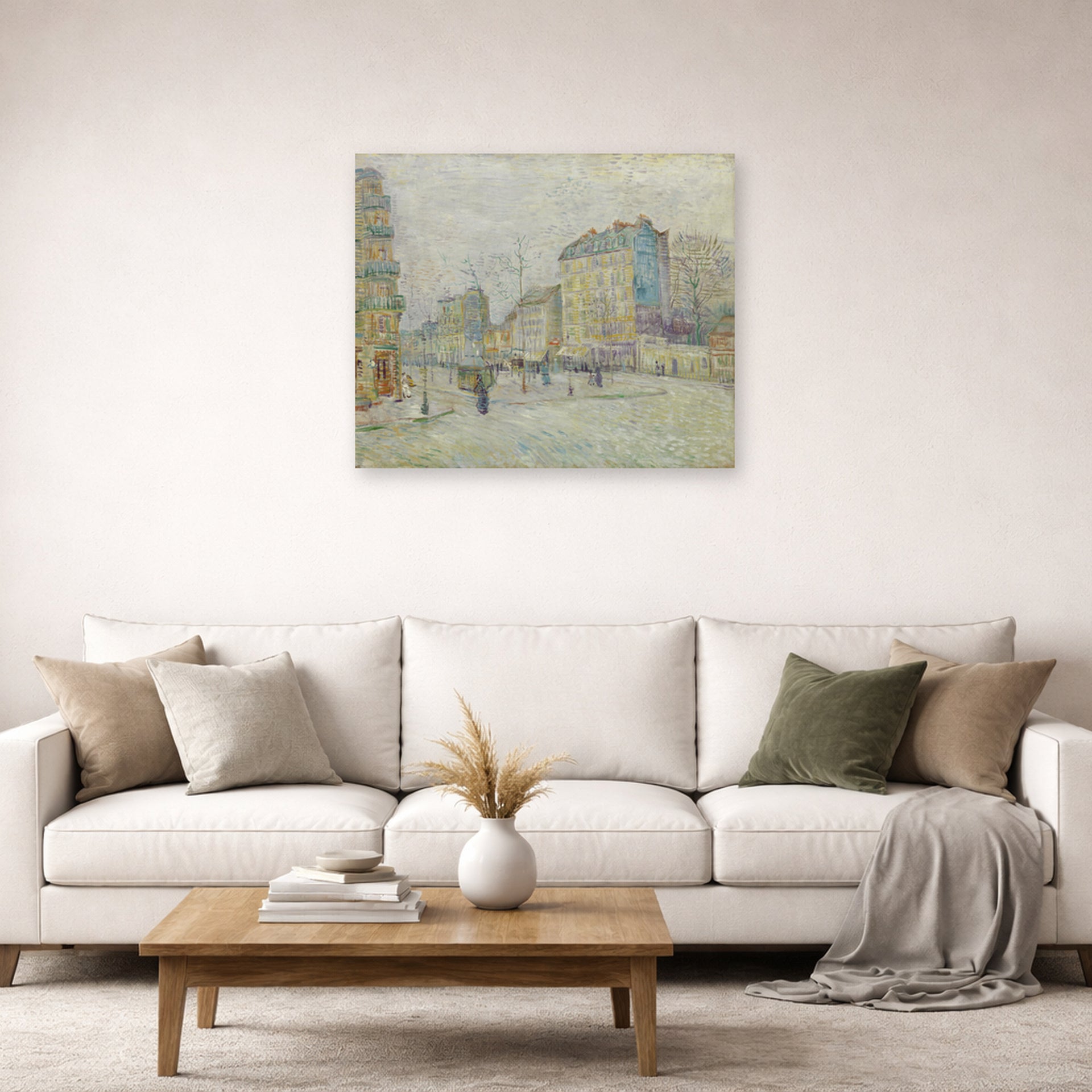 Unframed poster print of Vincent van Gogh's Boulevard De Clichy displayed on a wall in a living room