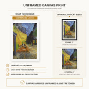 Vincent van Gogh - Cafe Terrace at Night canvas print size comparison and framing display infographic