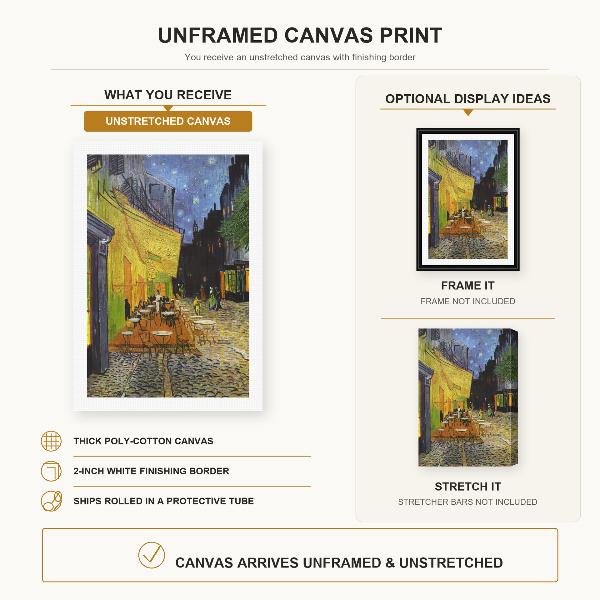 Vincent van Gogh - Cafe Terrace at Night canvas print size comparison and framing display infographic