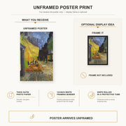 Vincent van Gogh - Cafe Terrace at Night poster print size comparison and framing display infographic