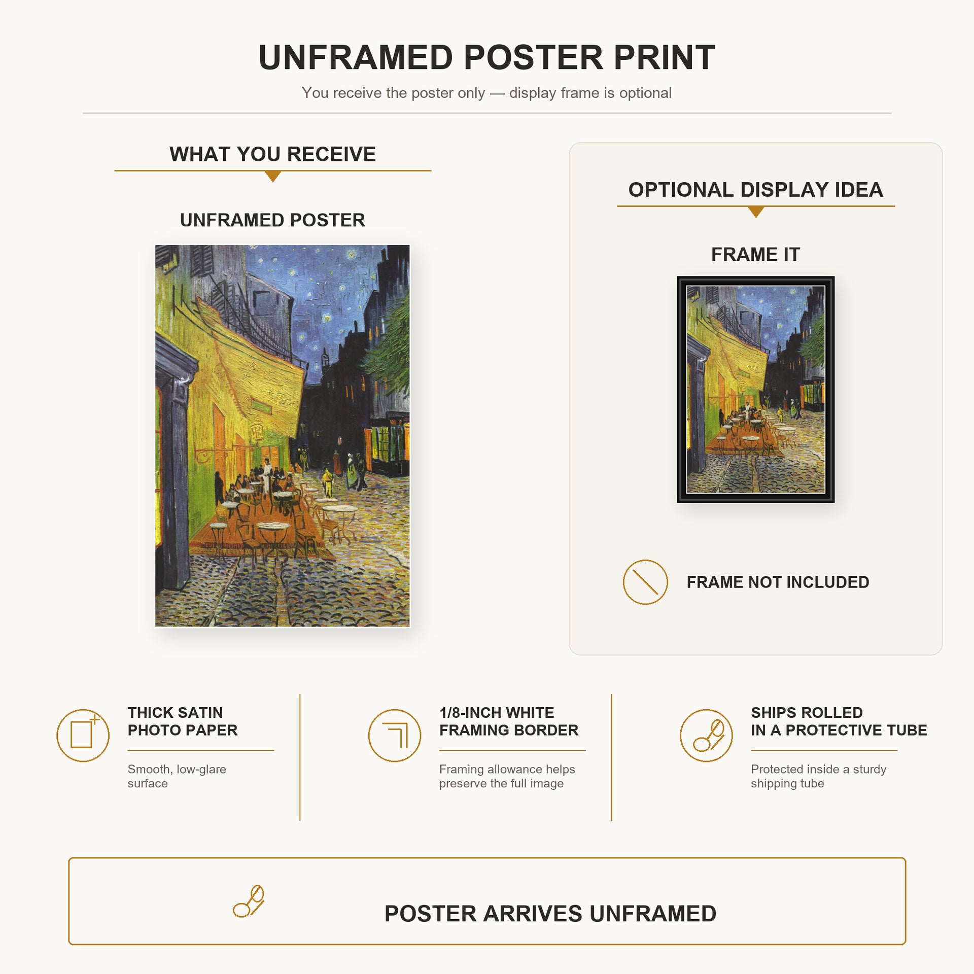 Vincent van Gogh - Cafe Terrace at Night poster print size comparison and framing display infographic