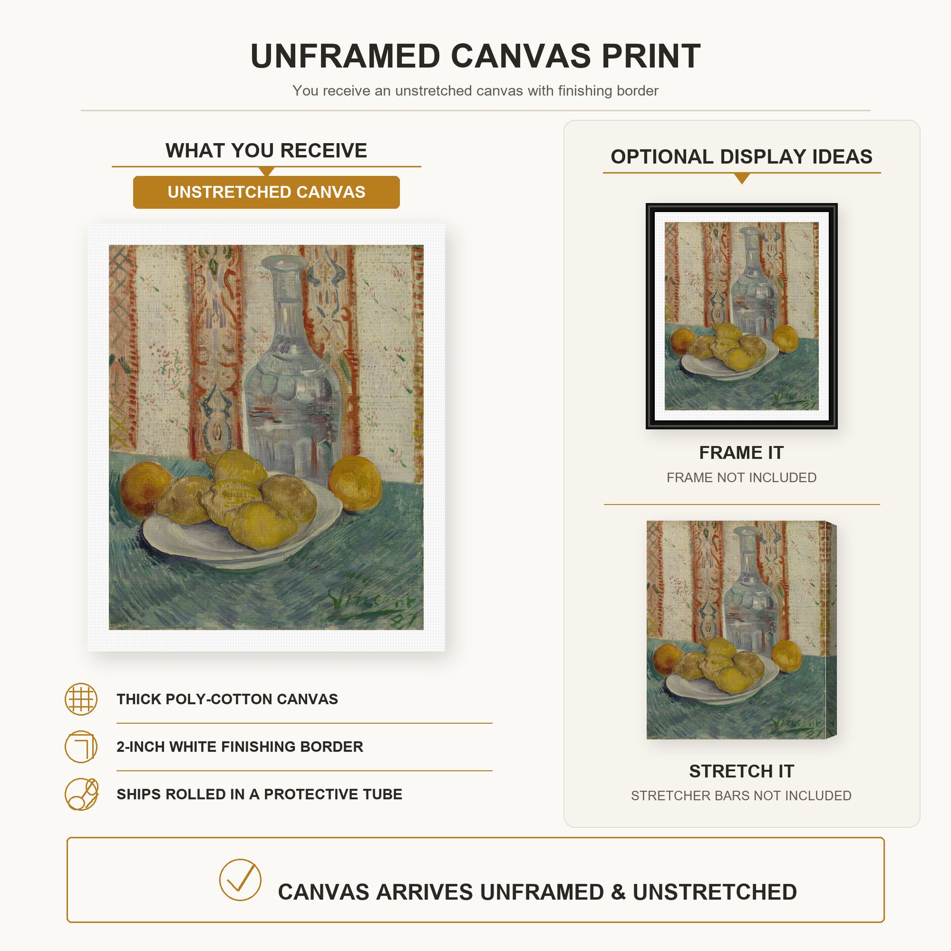 Vincent van Gogh - Carafe and Dish with Citrus Fruit canvas print size comparison and framing display infographic