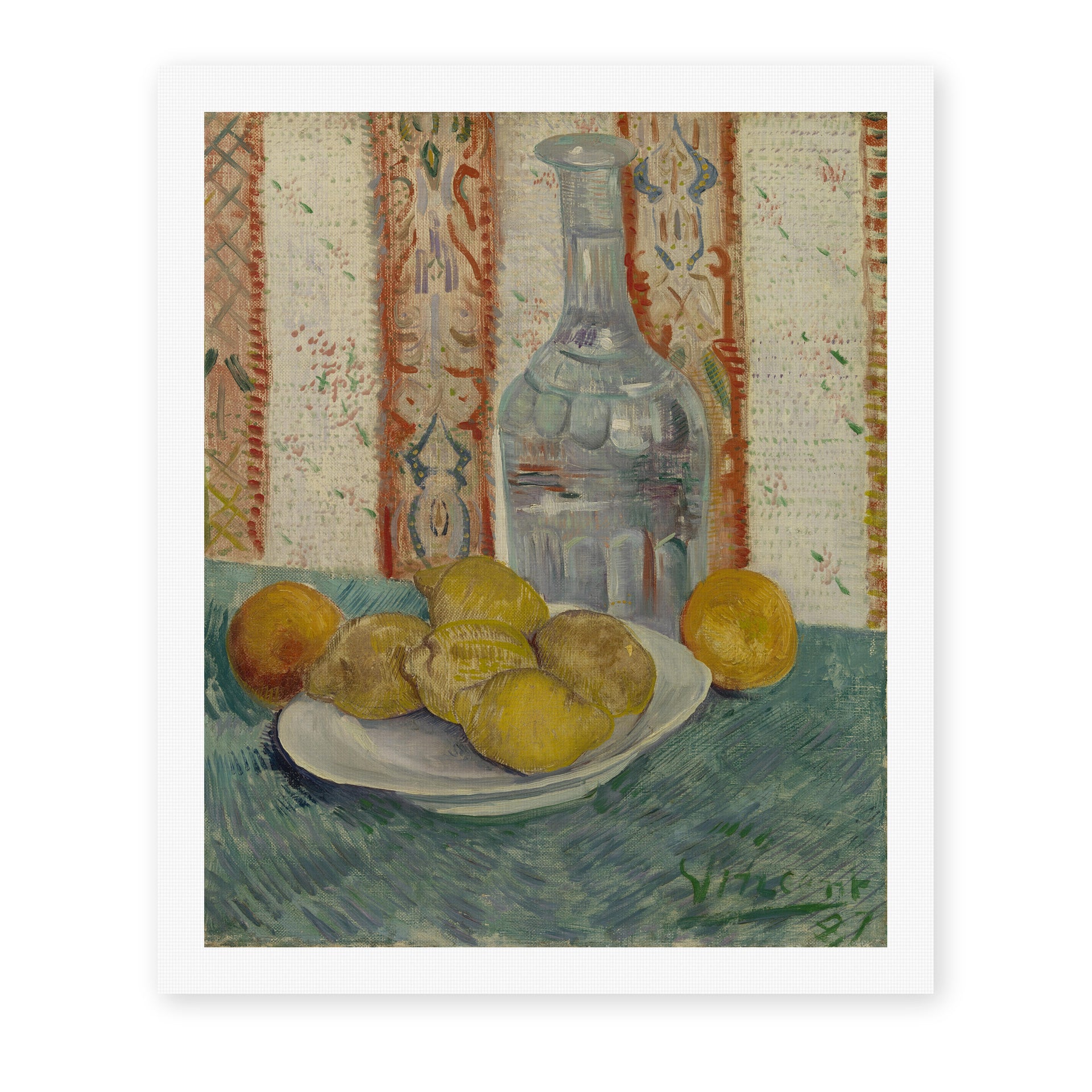 Vincent van Gogh's 'Carafe and Dish with Citrus Fruit' painting reproduced as a rolled canvas print