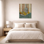 Gallery-wrapped canvas print of Vincent van Gogh's Carafe and Dish with Citrus Fruit displayed on a wall in a bedroom