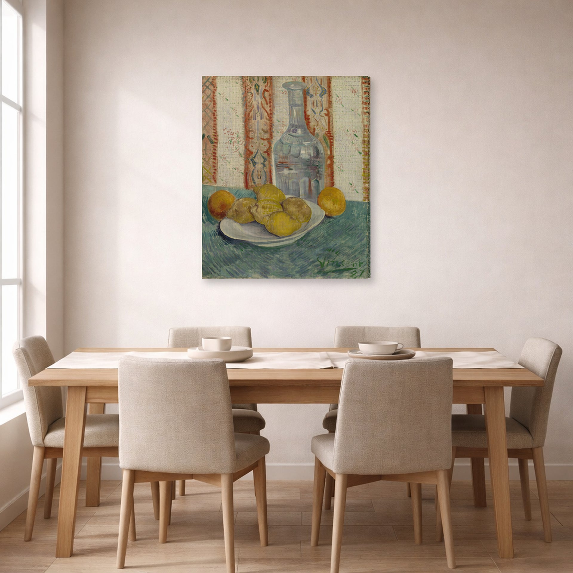 Gallery-wrapped canvas print of Vincent van Gogh's Carafe and Dish with Citrus Fruit displayed on a wall in a dining room