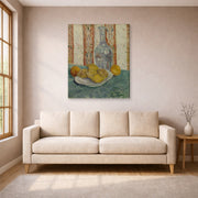 Gallery-wrapped canvas print of Vincent van Gogh's Carafe and Dish with Citrus Fruit displayed on a wall in a living room