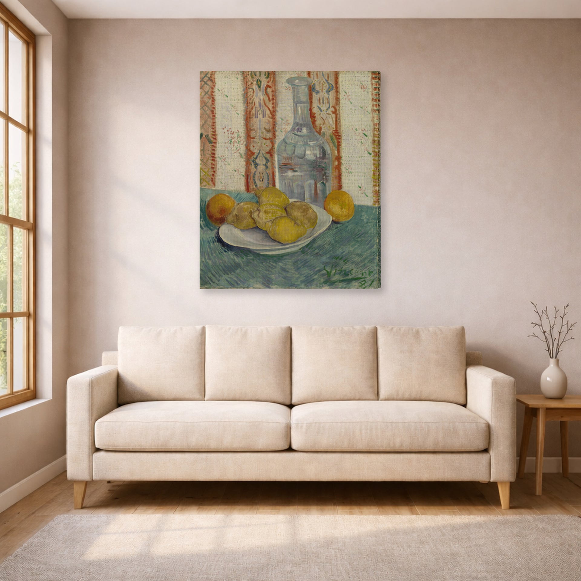 Gallery-wrapped canvas print of Vincent van Gogh's Carafe and Dish with Citrus Fruit displayed on a wall in a living room