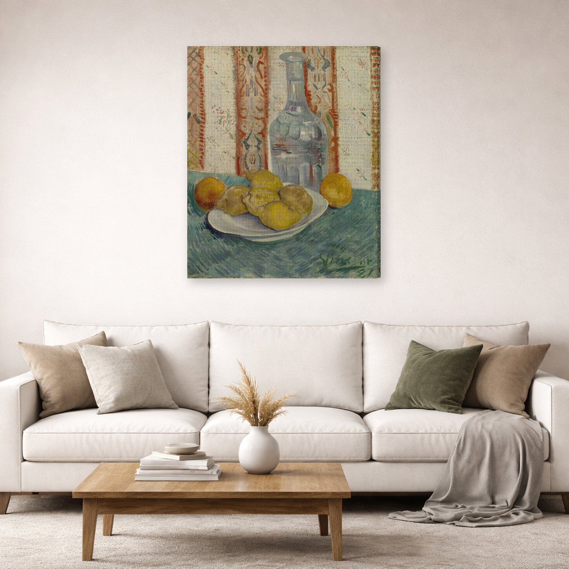 Gallery-wrapped canvas print of Vincent van Gogh's Carafe and Dish with Citrus Fruit displayed on a wall in a living room