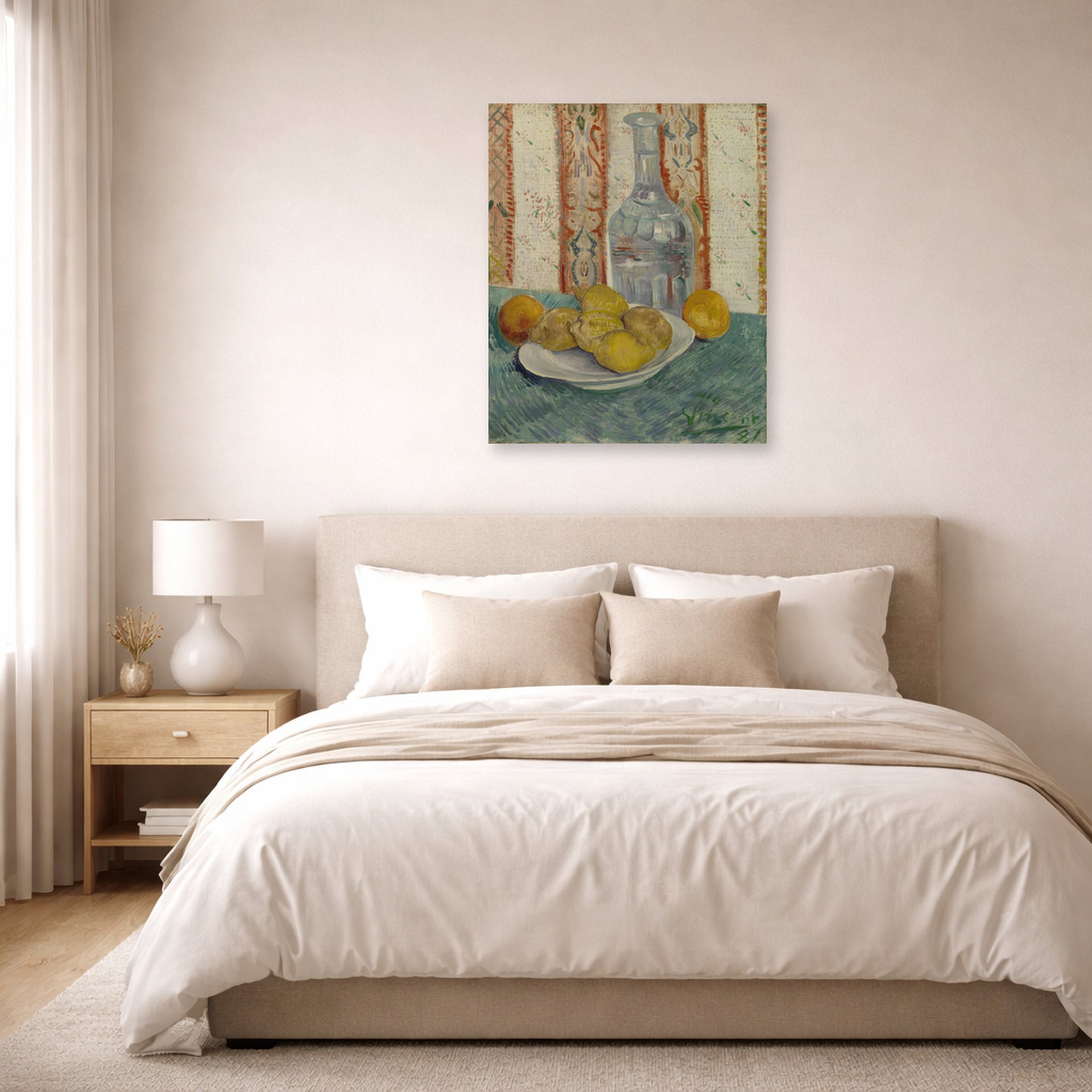 Unframed poster print of Vincent van Gogh's Carafe and Dish with Citrus Fruit displayed on a wall in a bedroom