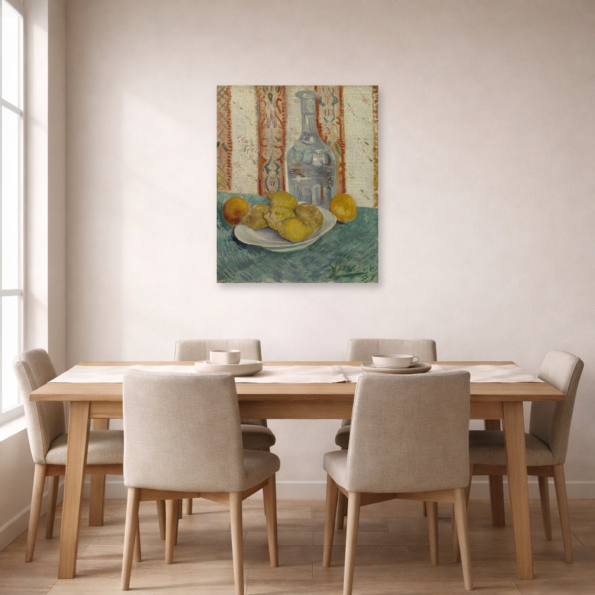 Unframed poster print of Vincent van Gogh's Carafe and Dish with Citrus Fruit displayed on a wall in a dining room
