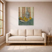 Unframed poster print of Vincent van Gogh's Carafe and Dish with Citrus Fruit displayed on a wall in a living room