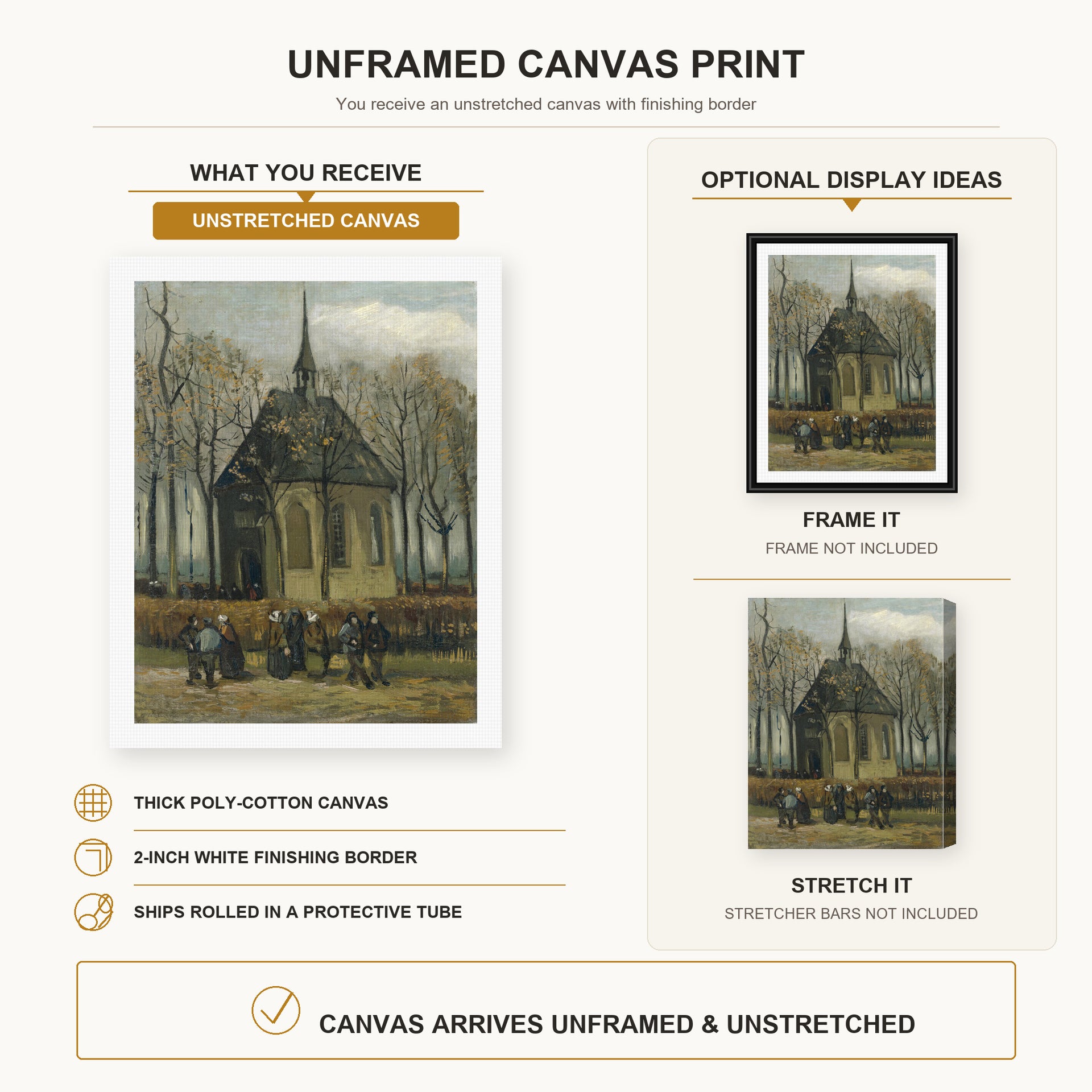 Vincent van Gogh - Congregation Leaving the Reformed Church in Nuenen canvas print size comparison and framing display infographic