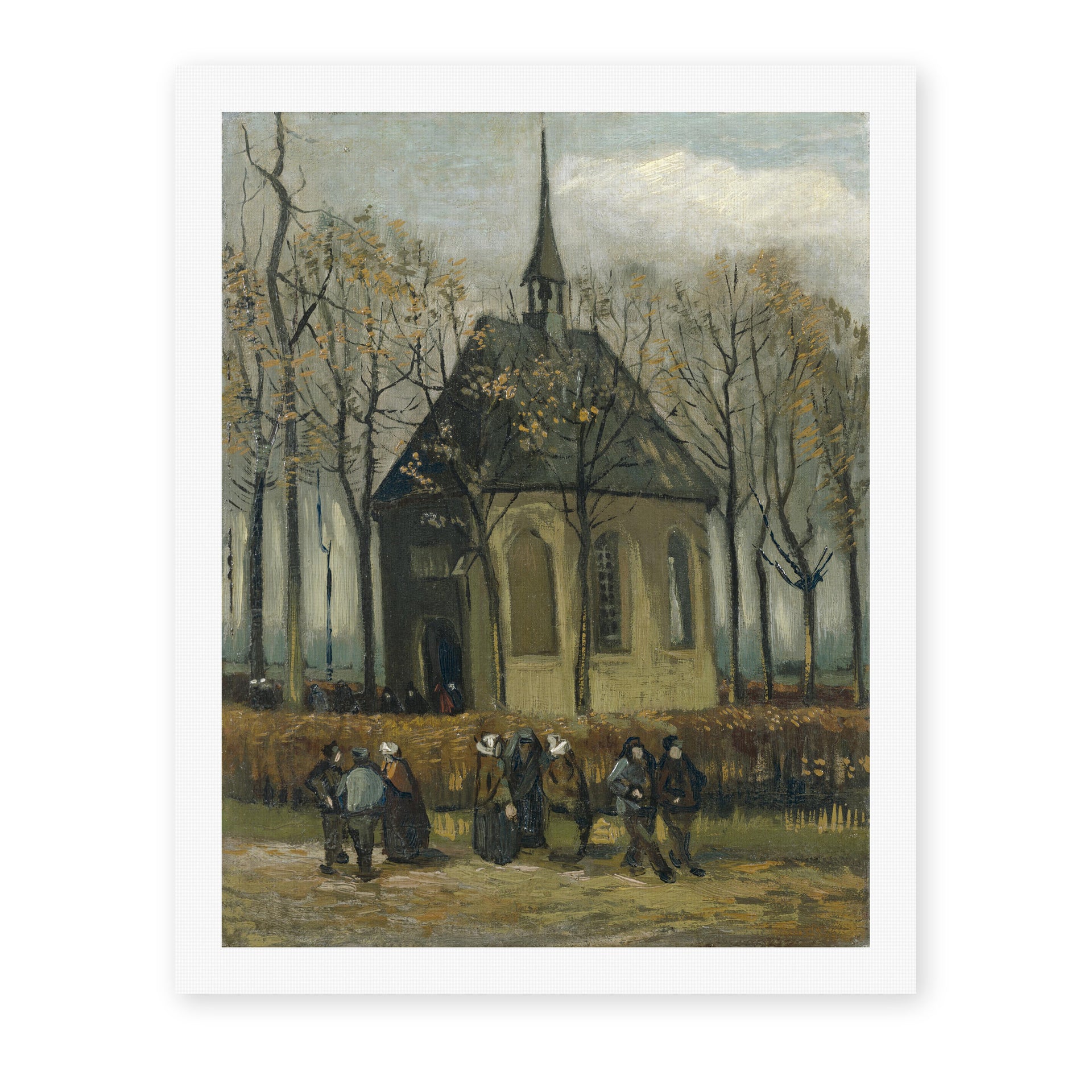 Vincent van Gogh's 'Congregation Leaving the Reformed Church in Nuenen' painting reproduced as a rolled canvas print