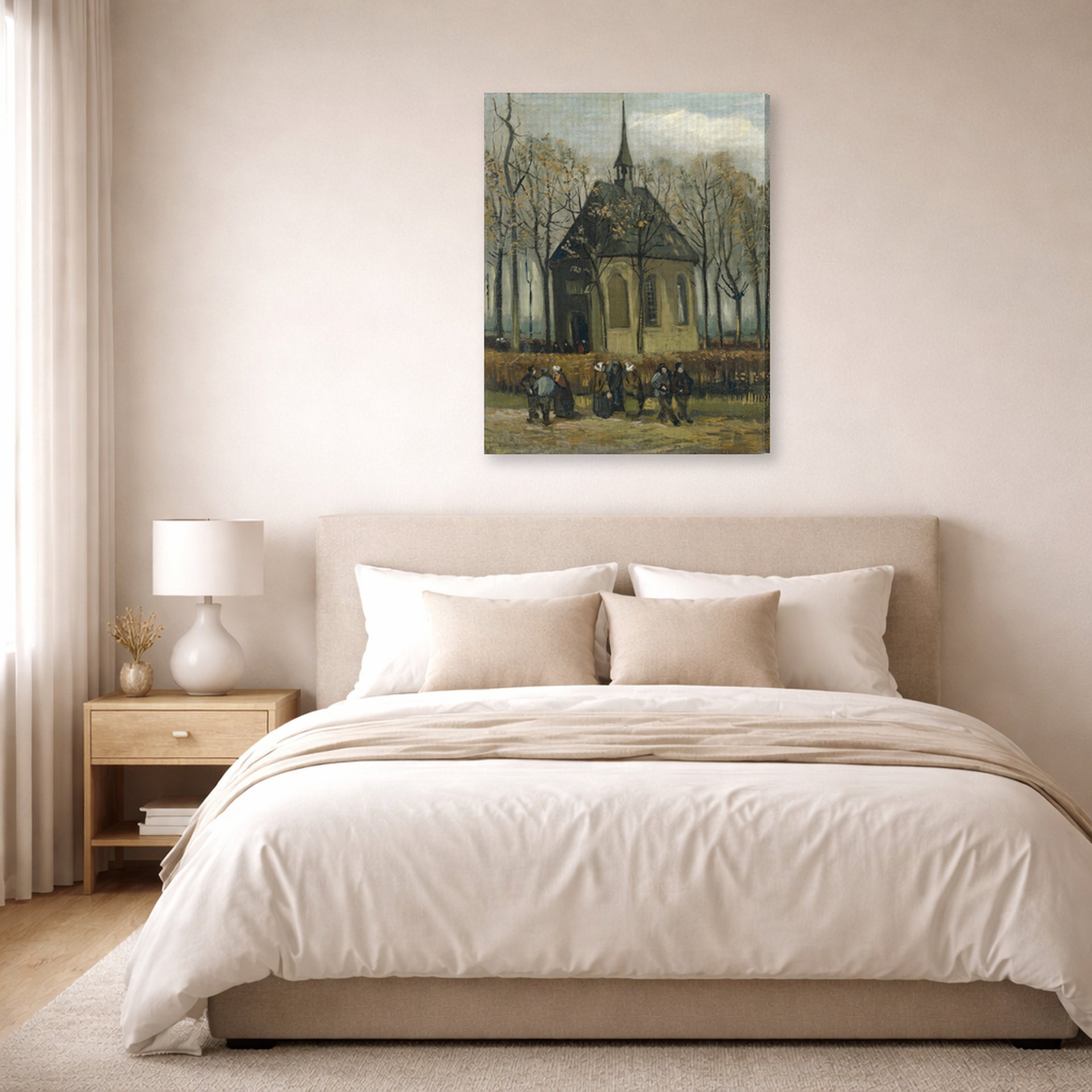 Gallery-wrapped canvas print of Vincent van Gogh's Congregation Leaving the Reformed Church in Nuenen displayed on a wall in a bedroom