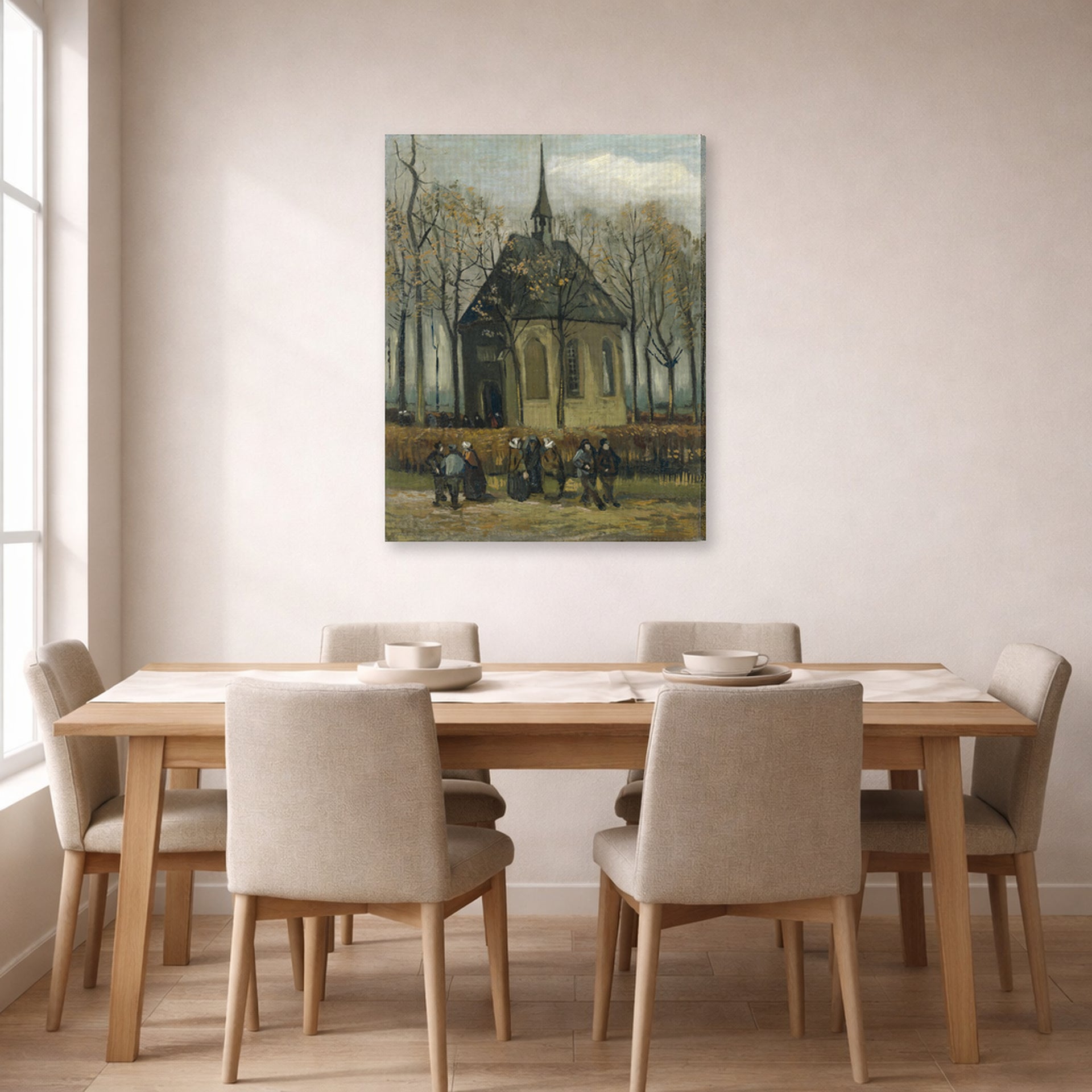 Gallery-wrapped canvas print of Vincent van Gogh's Congregation Leaving the Reformed Church in Nuenen displayed on a wall in a dining room