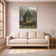 Gallery-wrapped canvas print of Vincent van Gogh's Congregation Leaving the Reformed Church in Nuenen displayed on a wall in a living room
