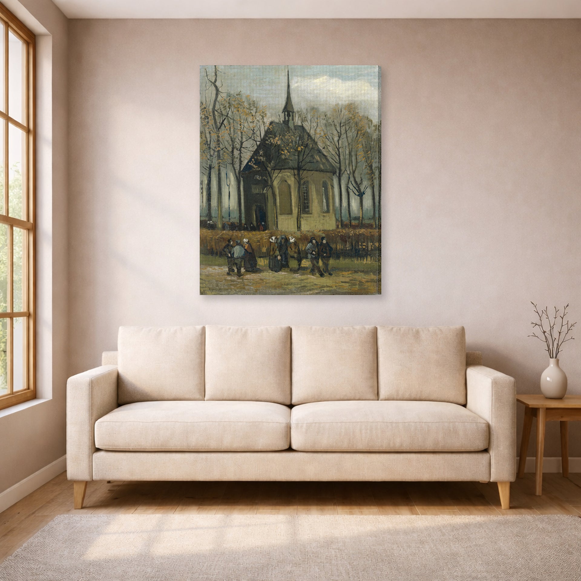 Gallery-wrapped canvas print of Vincent van Gogh's Congregation Leaving the Reformed Church in Nuenen displayed on a wall in a living room
