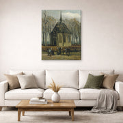 Gallery-wrapped canvas print of Vincent van Gogh's Congregation Leaving the Reformed Church in Nuenen displayed on a wall in a living room