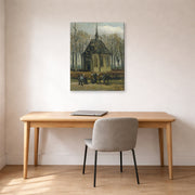 Gallery-wrapped canvas print of Vincent van Gogh's Congregation Leaving the Reformed Church in Nuenen displayed on a wall in a home office