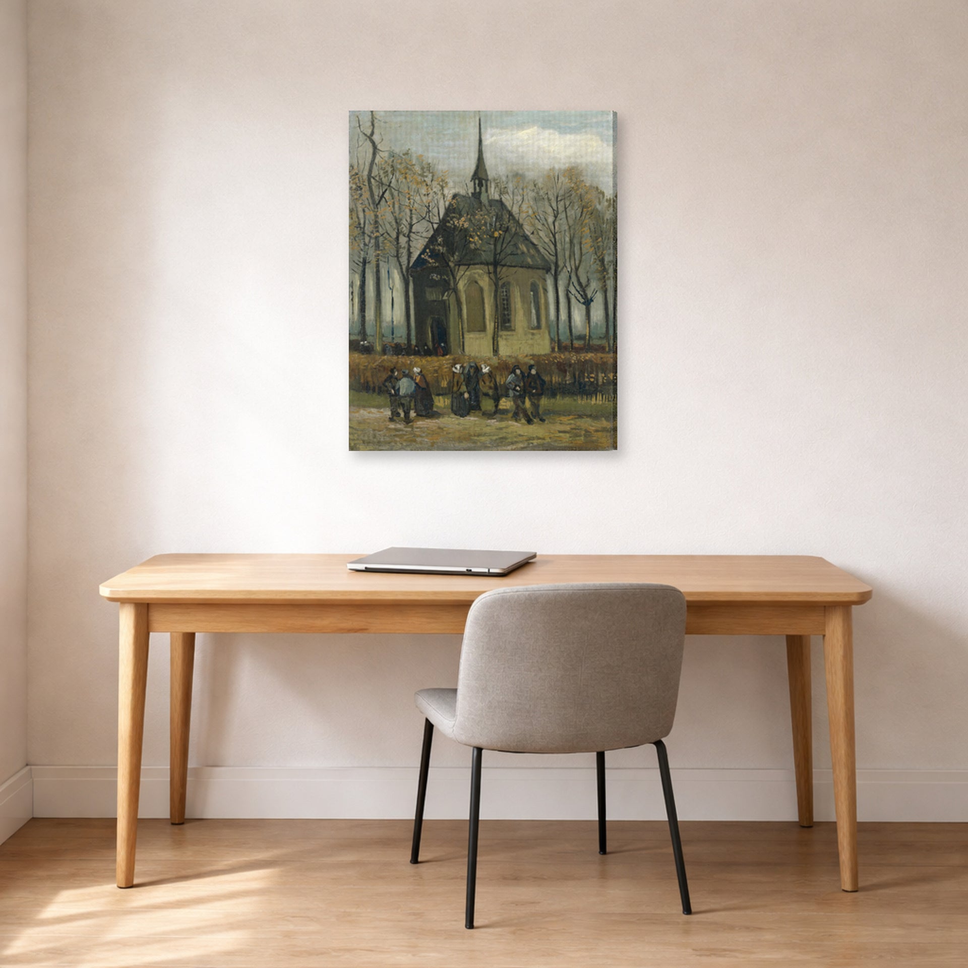 Gallery-wrapped canvas print of Vincent van Gogh's Congregation Leaving the Reformed Church in Nuenen displayed on a wall in a home office