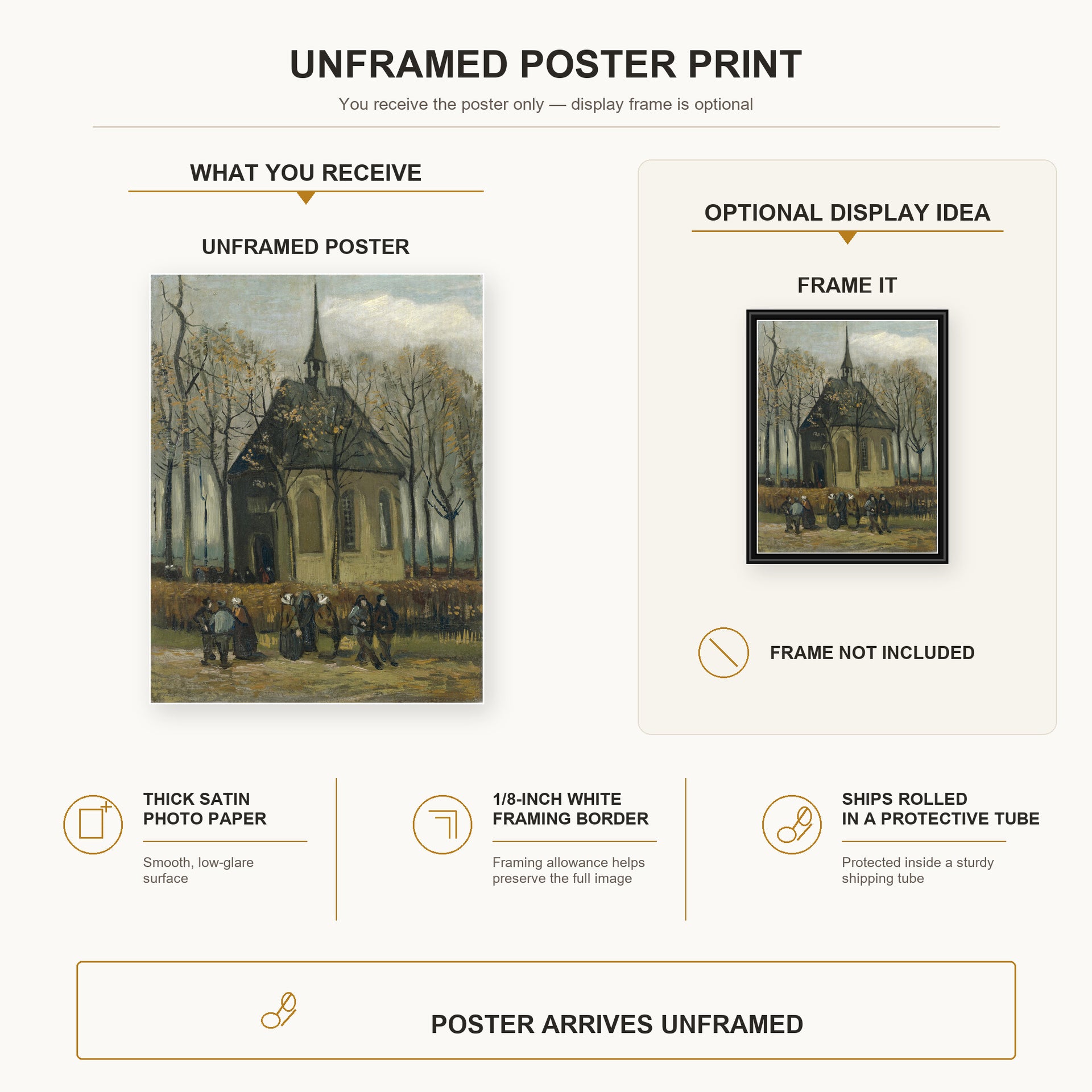 Vincent van Gogh - Congregation Leaving the Reformed Church in Nuenen poster print size comparison and framing display infographic