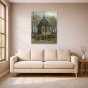 Unframed poster print of Vincent van Gogh's Congregation Leaving the Reformed Church in Nuenen displayed on a wall in a living room