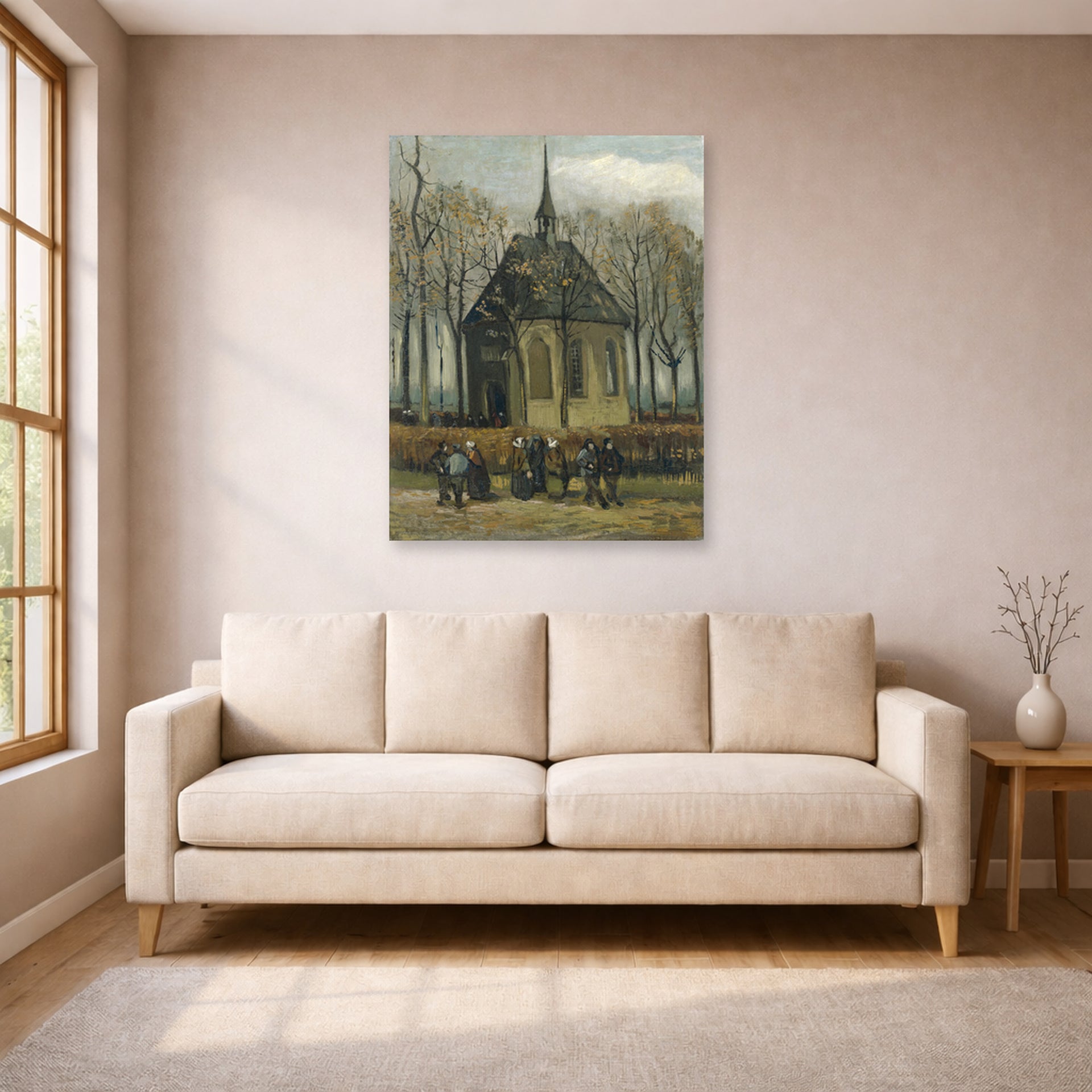 Unframed poster print of Vincent van Gogh's Congregation Leaving the Reformed Church in Nuenen displayed on a wall in a living room
